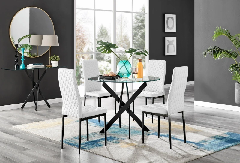 Image of FurnitureboxUK FurnitureboxUK Novara 4 Seater Black Leg Round Glass Dining Table & 4 Milan Faux Leather Black Leg Chairs in White White One Size Unise