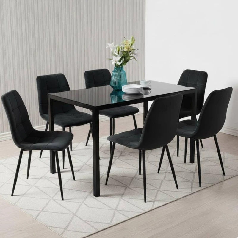 Image of KOSY KOALA Dining Table Set With 6 Black Tufted Velvet Chairs Dining Furniture Size: 120cm x 70cm Black Unisex 120cm x 70 cm