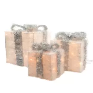 Image of Light Up Christmas Gift Present Boxes - Under Tree Decorations - Silver & White - Silver & White