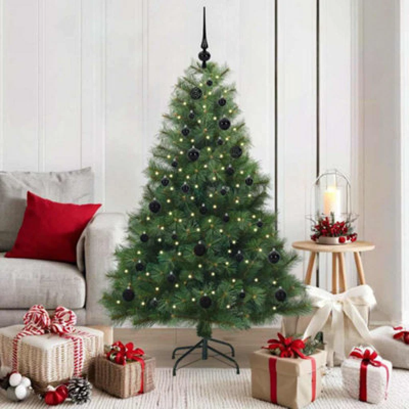 Image of vidaXL Artificial Christmas Tree with 150 LEDs and Black Balls Green 150cm PE and PVC, Green 3397771