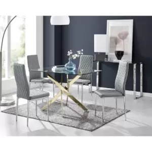 Image of Furniturebox Leonardo 120cm Modern Glass And Gold Metal Leg Dining Table And 4 Elephant Grey Milan Faux Leather Silver Chrome Leg Dining Chairs