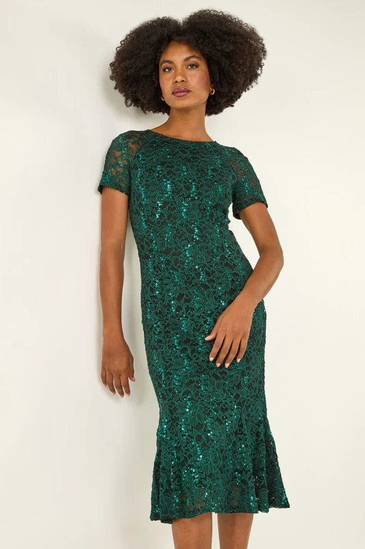 Image of Roman Womens Metallic Lace Sequin Midi Dress in Green Size: 16 Green Female 16
