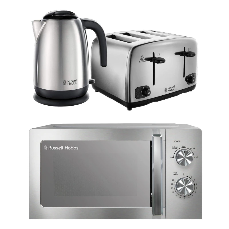 Image of Russell Hobbs Solo Microwave, Jug Kettle & 4-Slice Toaster Bundle - Silver Polished, Silver/Grey 5056233840574