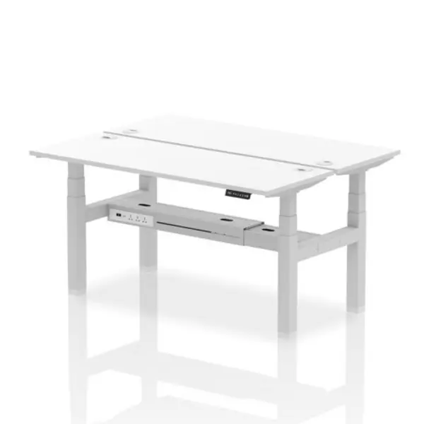 Image of Air Air Back-to-Back 1600 x 600mm Height Adjustable 2 Person Bench Desk White Top with Cable Ports Silver Frame HASCP2P16600WHTS