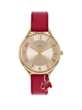 Image of Radley Silver And Red Detail Charm Dial Red Leather Strap Ladies Watch