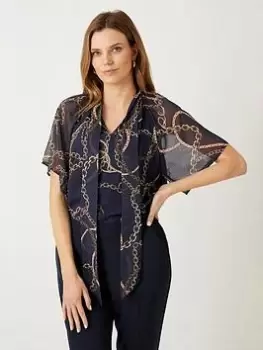 Image of Wallis Chain Tie Neck Blouse - Navy, Blue, Size 16, Women