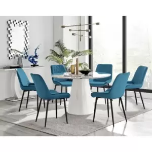 Image of Furniturebox Palma White Marble Effect 120cm Round Minimalist Dining Table & 6 Blue Pesaro Black Leg Velvet Chairs