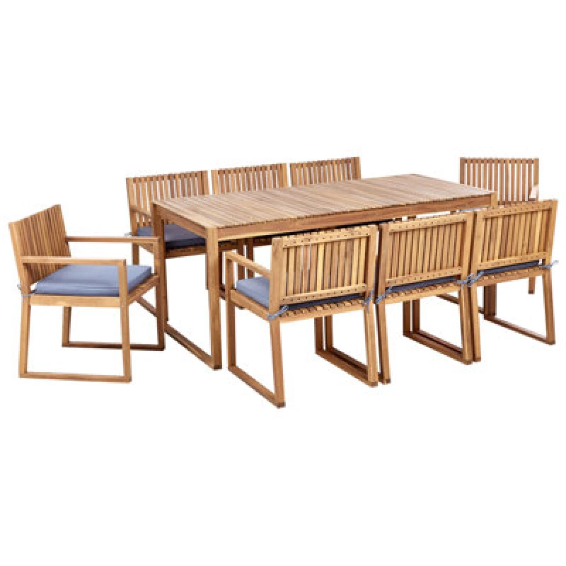 Image of Beliani Garden Dining Set 8 Seater Sassari Ii With Cushions Certified Acacia Wood Blue