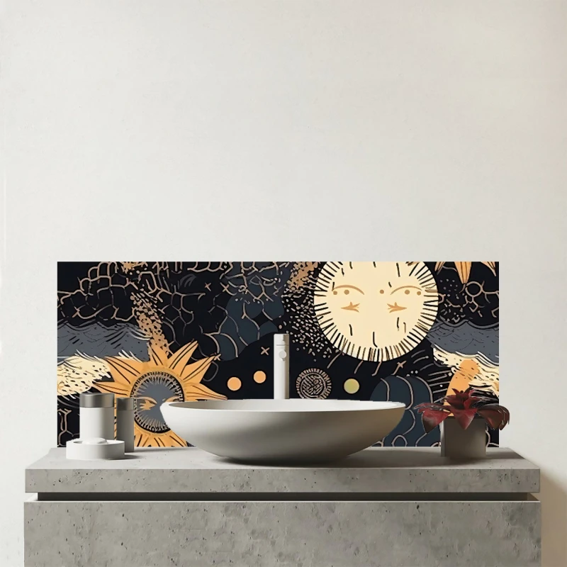 Image of Warren Reed - Designer Gold Sun & Moon Glass Bathroom Splashback in Yellow Yellow Unisex