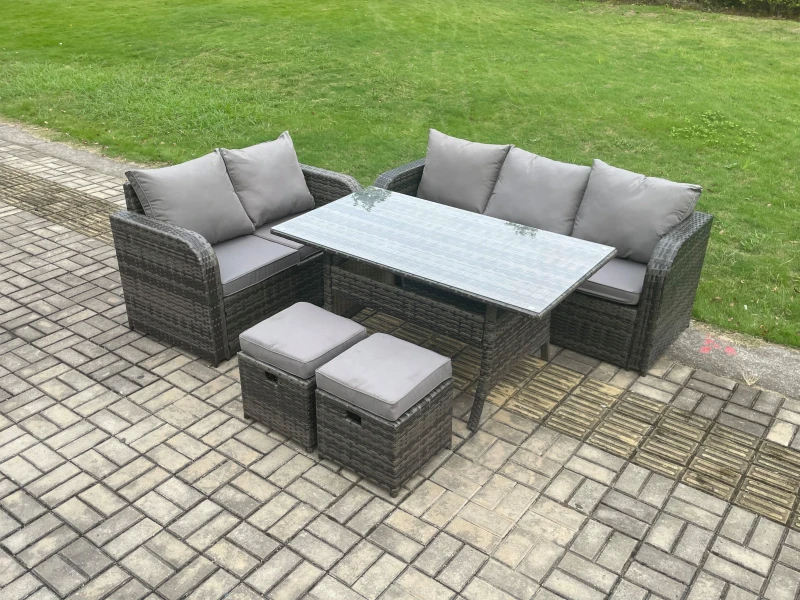 Image of Fimous Outdoor Garden Patio Furniture Wicker Rattan Oblong Rectangular Dining Table & Lounge Sofa set with 2 Small Footstools Dark Grey Mixed Dark Gre