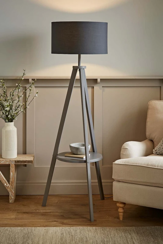Image of ValueLights Morrigan Grey Wood Tripod Floor Lamp With Fabric Drum Lamp Shade Grey