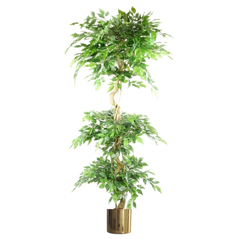 Image of N/A 180cm Artificial Twisted Trunk Fruticosa Ficus Tree Triple Ball Topiary 1984 Leaves Gold Metal Planter