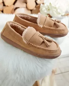 Image of Cotton Traders Mens Suede Faux Fur-Lined Moccasin Slippers in Tan