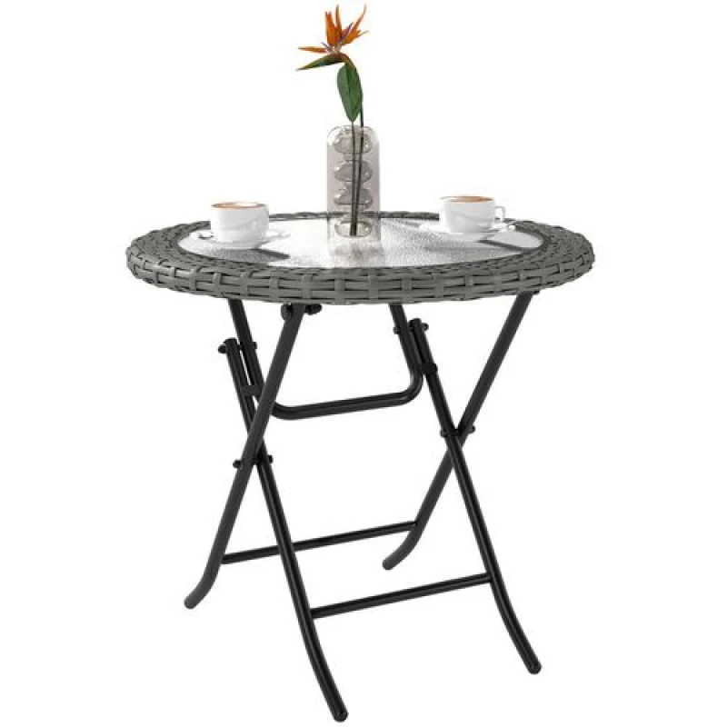 Image of Outsunny Folding Round Rattan Table with Tempered Glass Top for Patio Garden Outdoor Grey