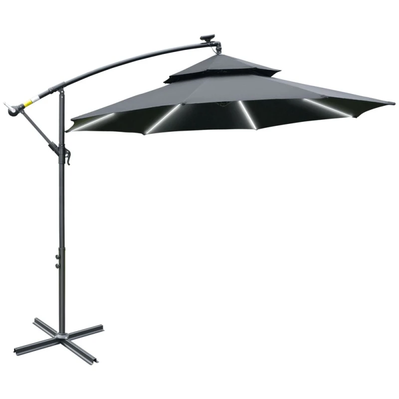 Image of Outsunny 3m Cantilever Banana Parasol w/ Solar LEDs Black 84D-180BK