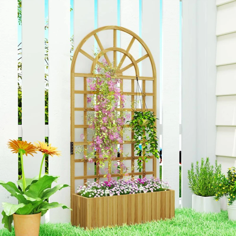 Image of OUTSUNNY Wooden Raised Planter with Lattice Trellis for Climbing Plants in Natural Natural Unisex