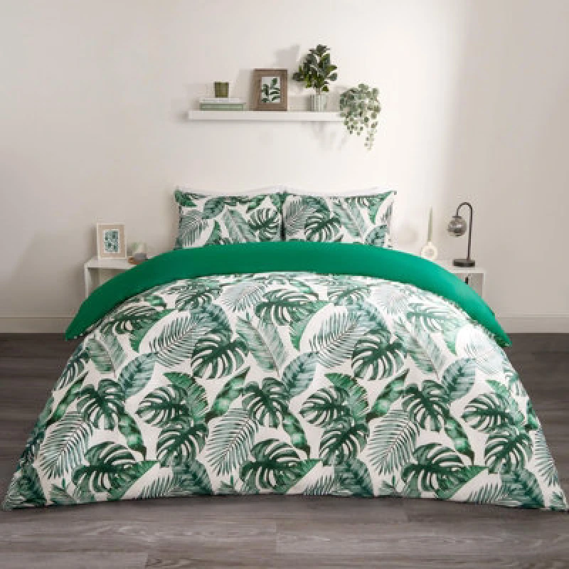 Image of OHS OHS Tropical Leaf Duvet Cover Reversible Bedding Set in Dark Green Size: Double Dark Green Double Unisex 5027434182909