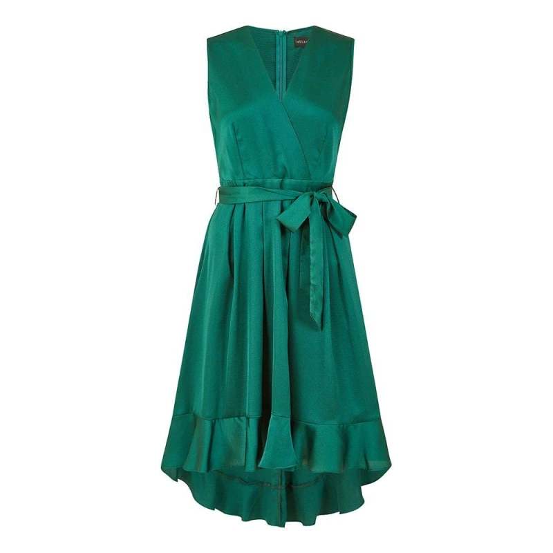 Image of Mela Green Satin Dipped Hem Wrap Over Midi Dress Green female