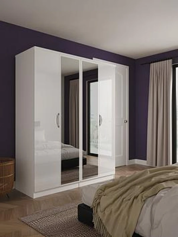 Image of Welcome Furniture Ltd Camden 4 Door Double Mirror Wardrobe in White Gloss & White - Ready Assembled, White CAM189WGW
