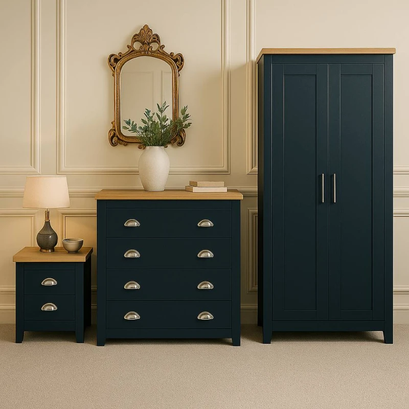 Image of Birlea Wooden 4 Piece Furniture Set Wardrobe Chest of Drawers Bedsides Highgate in Navy Navy Unisex
