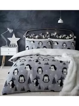 Image of Catherine Lansfield Cosy Penguin Fleece Christmas Duvet Cover Set