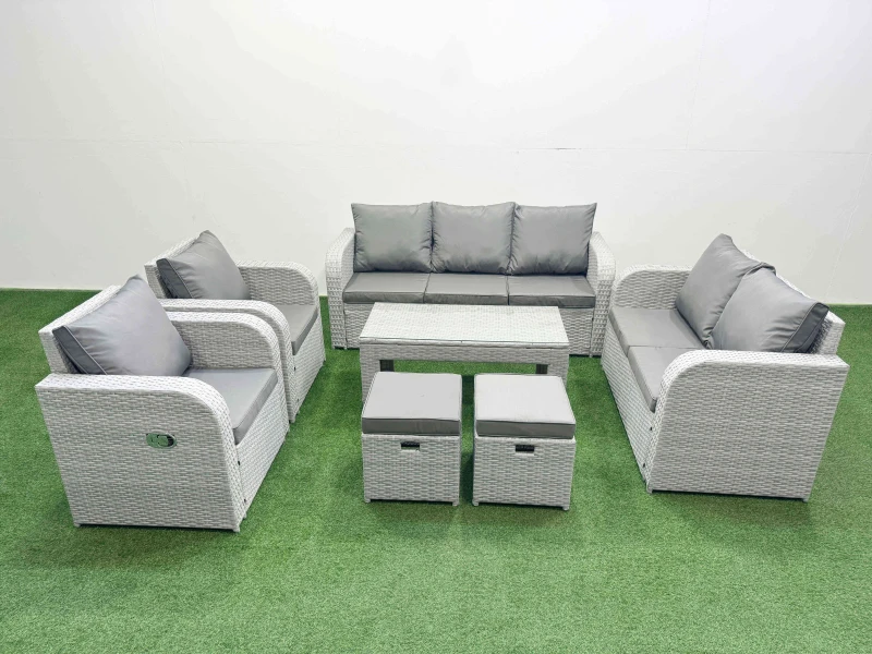 Image of Fimous PE Rattan Garden Furniture Set Adjustable Chair Sofa Double Love Seat 2 Seater Sofa Lounge Set Rectangular Coffee Table 2 Stools Light Grey Lig