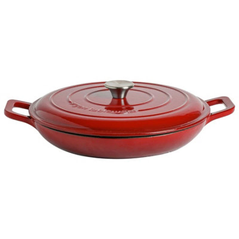 Image of Argon Tableware Shallow Cast Iron Casserole Dish - 2.3L Red Enamel Finish, Oven Safe Dutch Oven Cookware With Lid