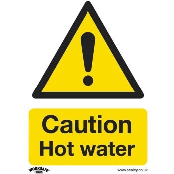 Image of SS38P10 Warning Safety Sign - Caution Hot Water - Rigid Plastic - Pack of 10 - Sealey