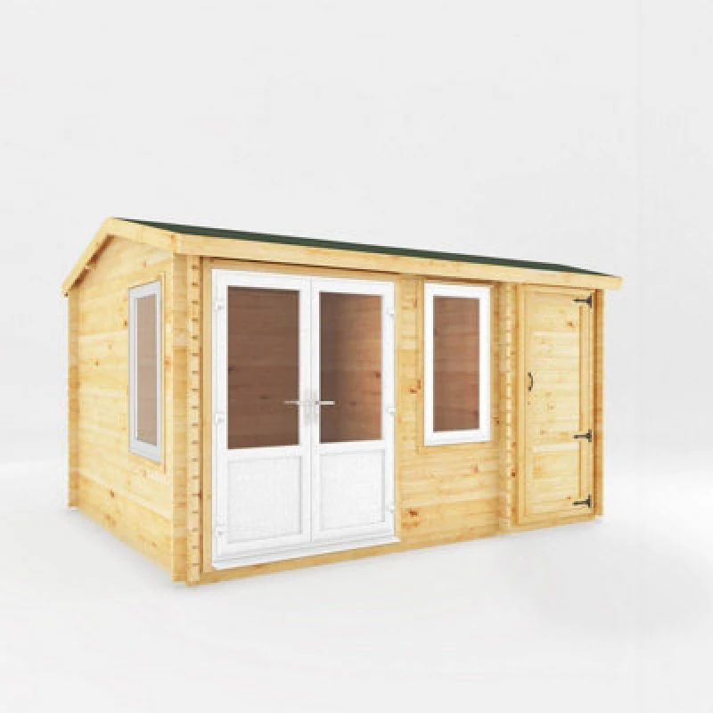 Image of Mercia 4.1 X 3 M Home Office Elite Log Cabin With Side Shed, White Upvc Windows & Doors - 44mm Timber - L314.3 X W416 X H260 Cm - Brown