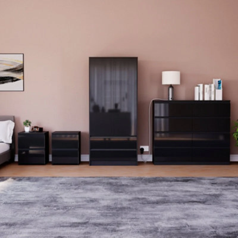 Image of Lassic Vida Designs Glinton 4 Piece Black Fsc Bedroom Set - (8 Drawer Chest, 2 Door Wardrobe, 2 Drawer Bedside Chest X2)