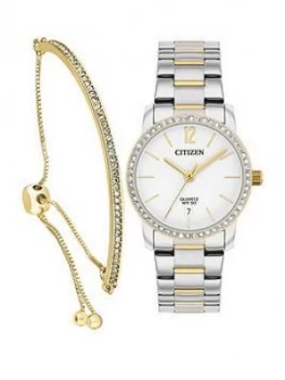 Image of Citizen White With Gold Detail Crystal Set Date Dial Two Tone Stainless Steel Bracelet Ladies Watch And Swarovski Crystal Toggle Bracelet Gift Set