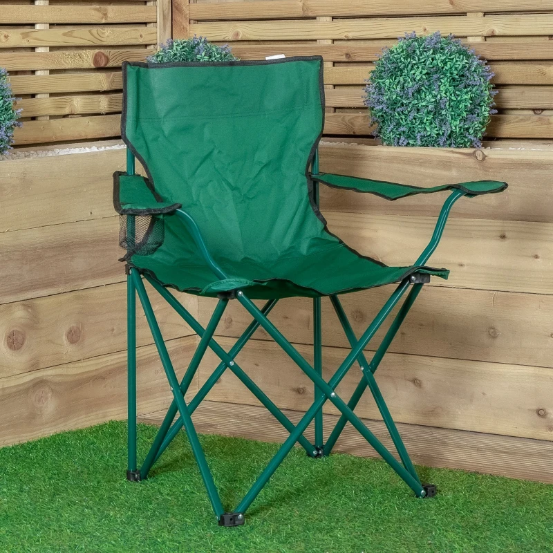 Image of Outdoor Green Folding Camping Chair with Armrests & Cupholder