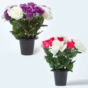 Image of HOMESCAPES Set of 2 Pink & Purple Roses Artificial Flowers in Grave Vases