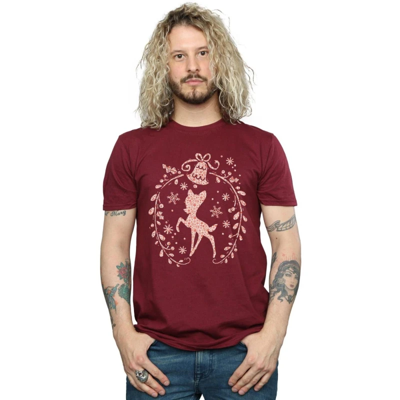 Image of Disney Men Bambi Christmas Wreath T-Shirt in Burgundy Size: Small Burgundy S Male 5057245990851