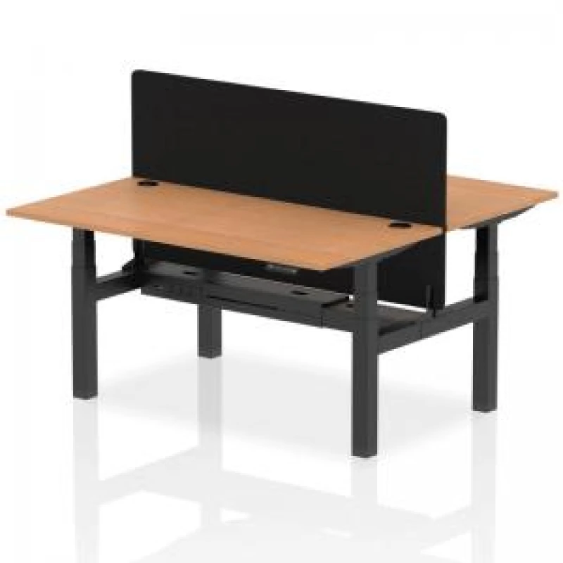 Image of Air Back - to - Back 1600 x 800mm Height Adjustable 2 Person Bench Office Desk Oak Top - Cable Ports Black Frame - Black Straight Screen
