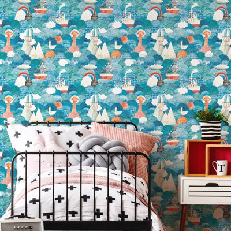 Image of Hoopla Walls Ships Ahoy Aqua & Coral 10M Wallpaper