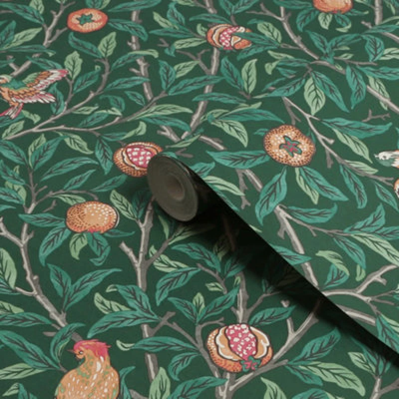 Image of William Morris At Home William Morris Bird & Pomegranate Deep Green Wallpaper Green WI2R4 Unisex