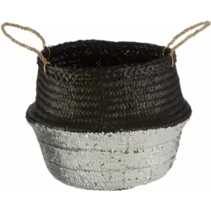 Image of Medium Natural Silver/Black Seagrass Basket Decorative Storage Baskets With Handles For Daily Use Store Clothes Shoes And Bags In Handwoven Baskets