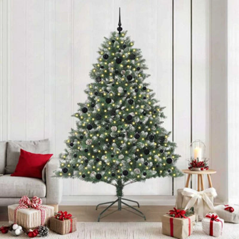 Image of vidaXL Artificial Christmas Tree with Stand, Black Balls Green 140 x 140 x 210 cm, Green 3395246