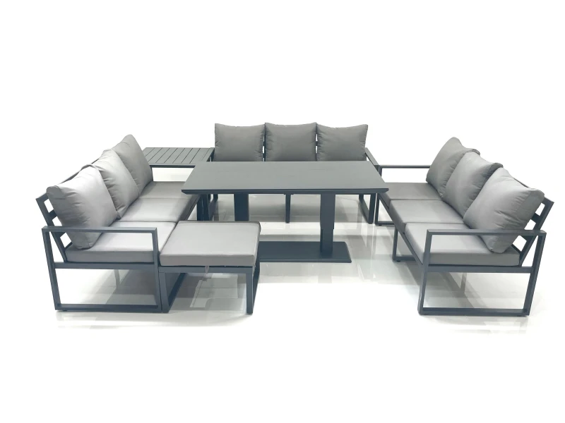 Image of Fimous 10 Seater Garden Sofa Set Aluminium Furniture Rising Dining Tabe Set with Side Table Big Footstool Dark Grey Dark Grey Unisex