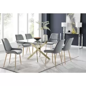 Image of Furniturebox Leonardo 150cm Modern Glass And Gold Metal Dining Leg Table And 6 Elephant Grey Pesaro Velvet Gold Leg Dining Chairs