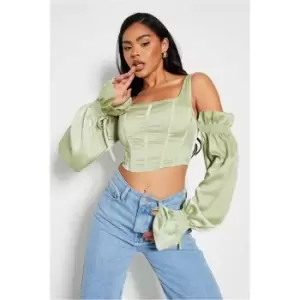 Image of I Saw It First Sage Long Sleeve Cut Out Satin Corset - Green
