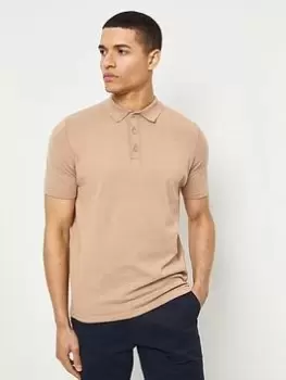 Image of Burton Menswear London Burton Slim Fit Short Sleeve Modern Knitted Polo, Beige Size M Men