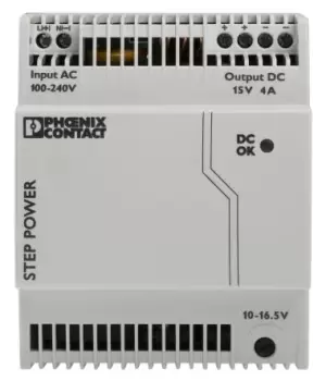 Image of Phoenix Contact STEP-PS/1AC/15DC/4 Switch Mode DIN Rail Power Supply 85 264V ac Input, 15V dc Output, 4A 60W