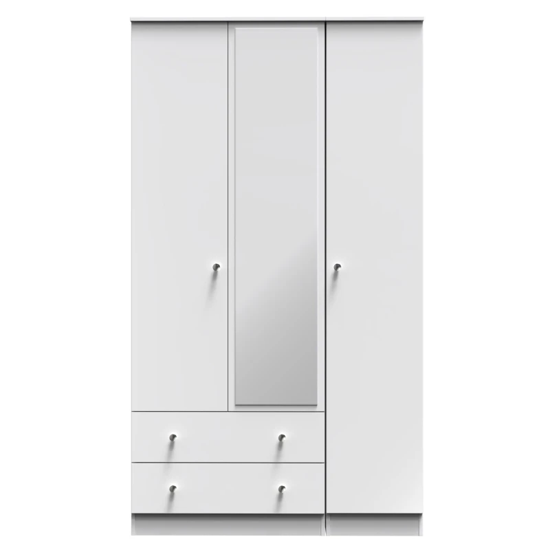 Image of Portland Tall Triple 2 Drawer Mirrored Wardrobe In White & White Matt (Ready Assembled)