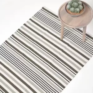 Image of Modern Black Grey Scandinavian Style Striped Cotton Rug, 90 x 150cm - Grey - Homescapes