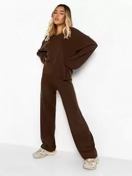 Image of Boohoo V Neck Wide Leg Knitted Co-ord Set - Chocolate, Brown, Size L, Women