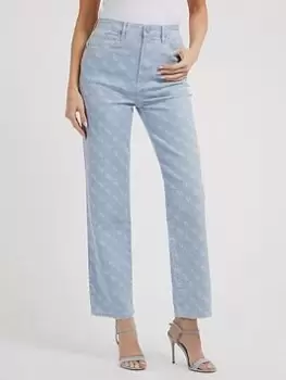 Image of Guess Melrose High Waisted Logo Straight Leg Jean - Light Wash, Blue, Size 27, Women