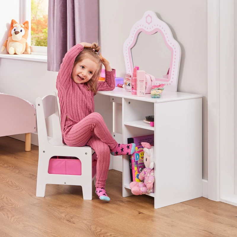 Image of Liberty House Toys Kids Dressing Table with Storage Chair, White LHT7451PN