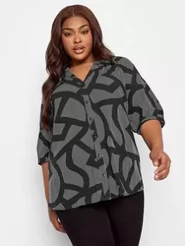 Image of Yours Notch Neck Buton Thru Blouse Abstract Stripe, Black, Size 20, Women